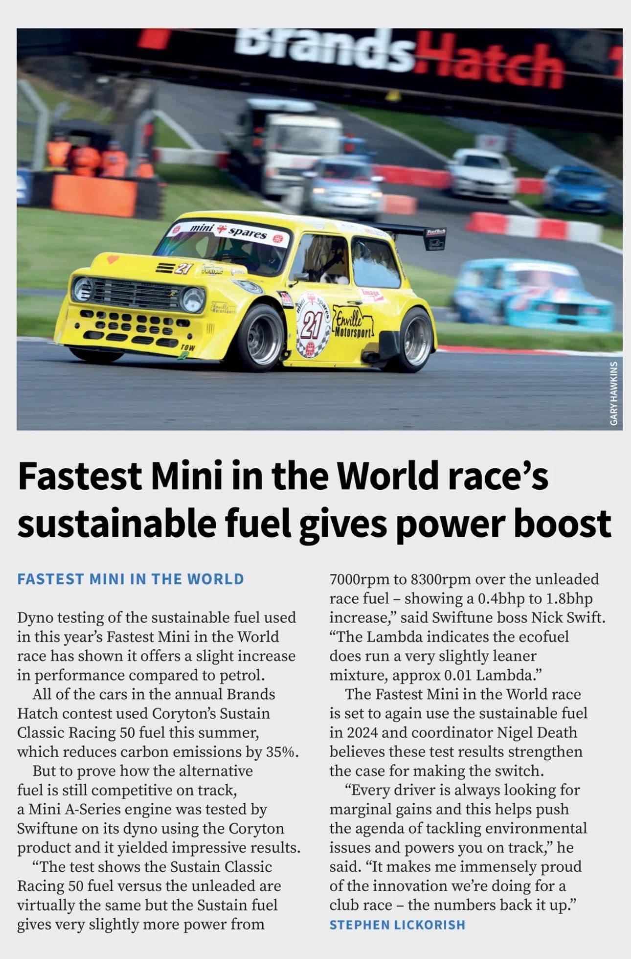 Fastest Mini in the World race’s sustainable fuel gives power boost