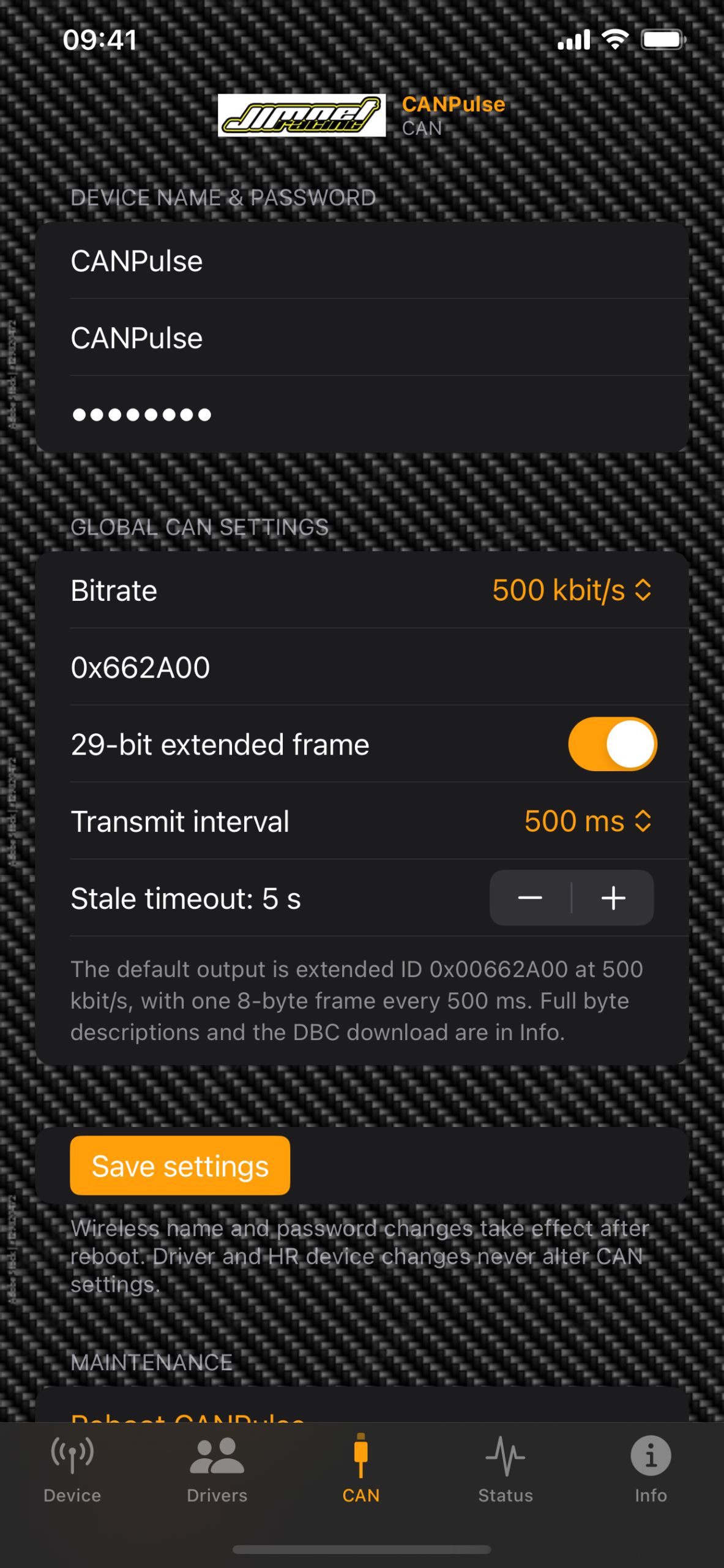 CANPulse app CAN settings screen